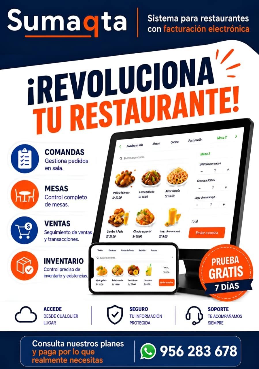 Sumaqta: sistema para restaurantes con facturación electrónica y prueba gratis de 7 días